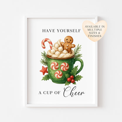 Christmas Print Cup of cheer vintage Red  & Green watercolour hot drinks Wall Art (unframed)