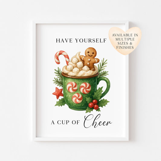 Christmas Print Cup of cheer vintage Red  & Green watercolour hot drinks Wall Art (unframed)