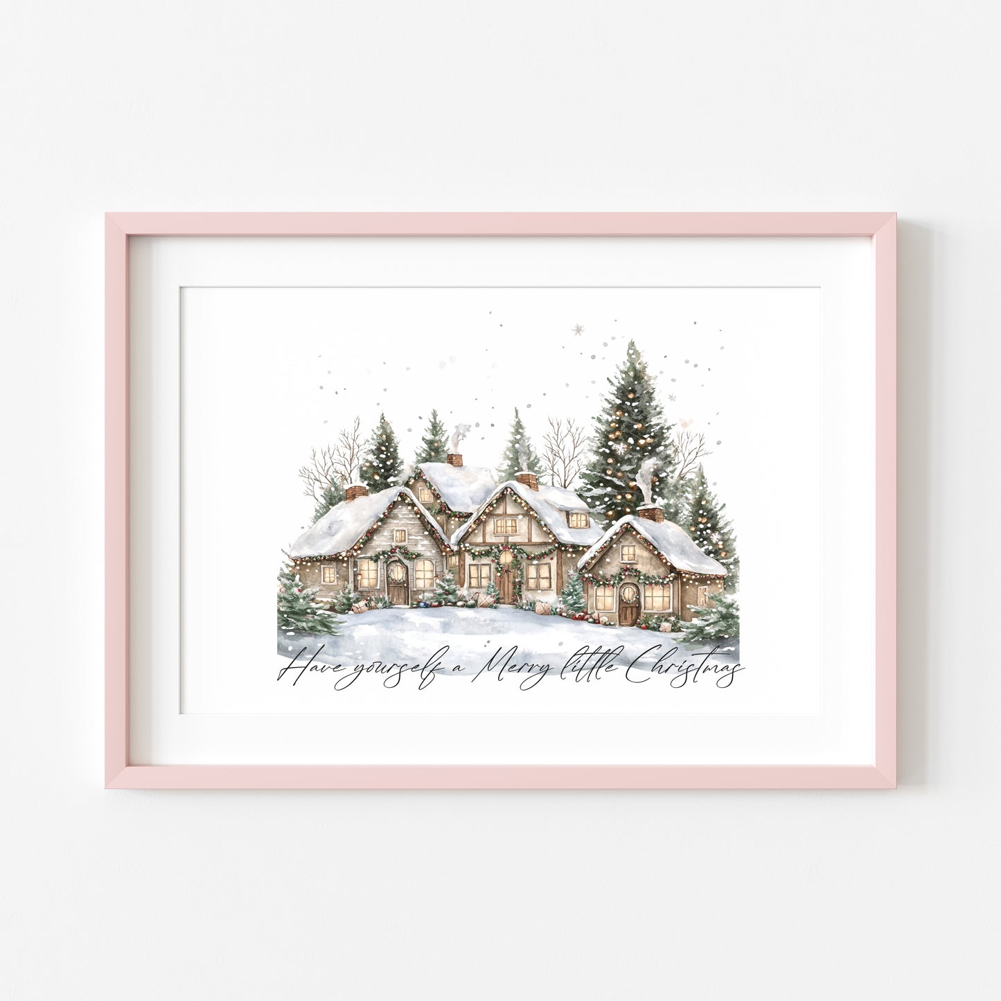 Christmas print, winter snowy village landscape Seasonal Wall Art (unframed)