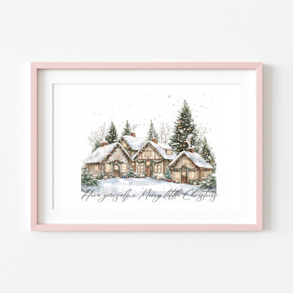 Christmas print, winter snowy village landscape Seasonal Wall Art (unframed)