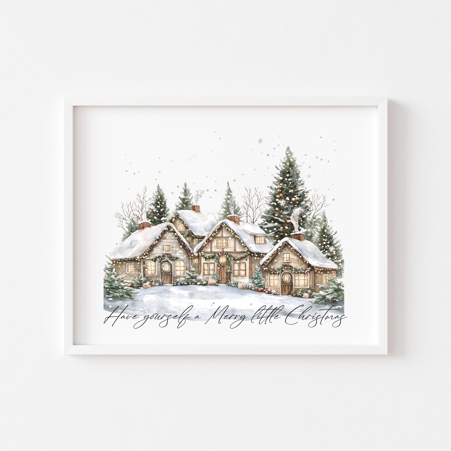 Christmas print, winter snowy village landscape Seasonal Wall Art (unframed)