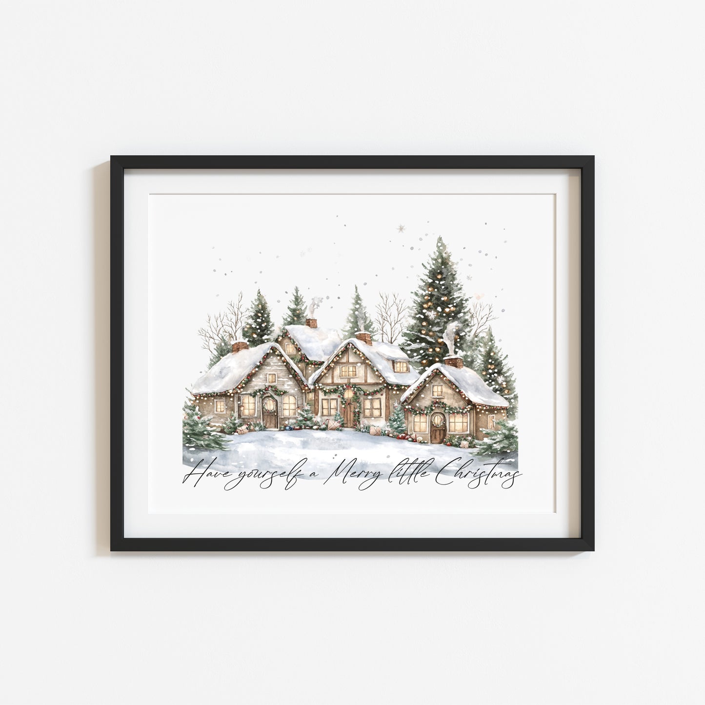Christmas print, winter snowy village landscape Seasonal Wall Art (unframed)
