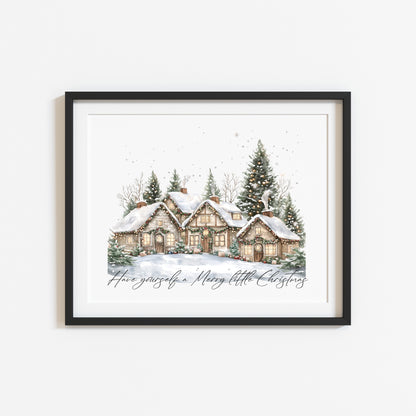 Christmas print, winter snowy village landscape Seasonal Wall Art (unframed)