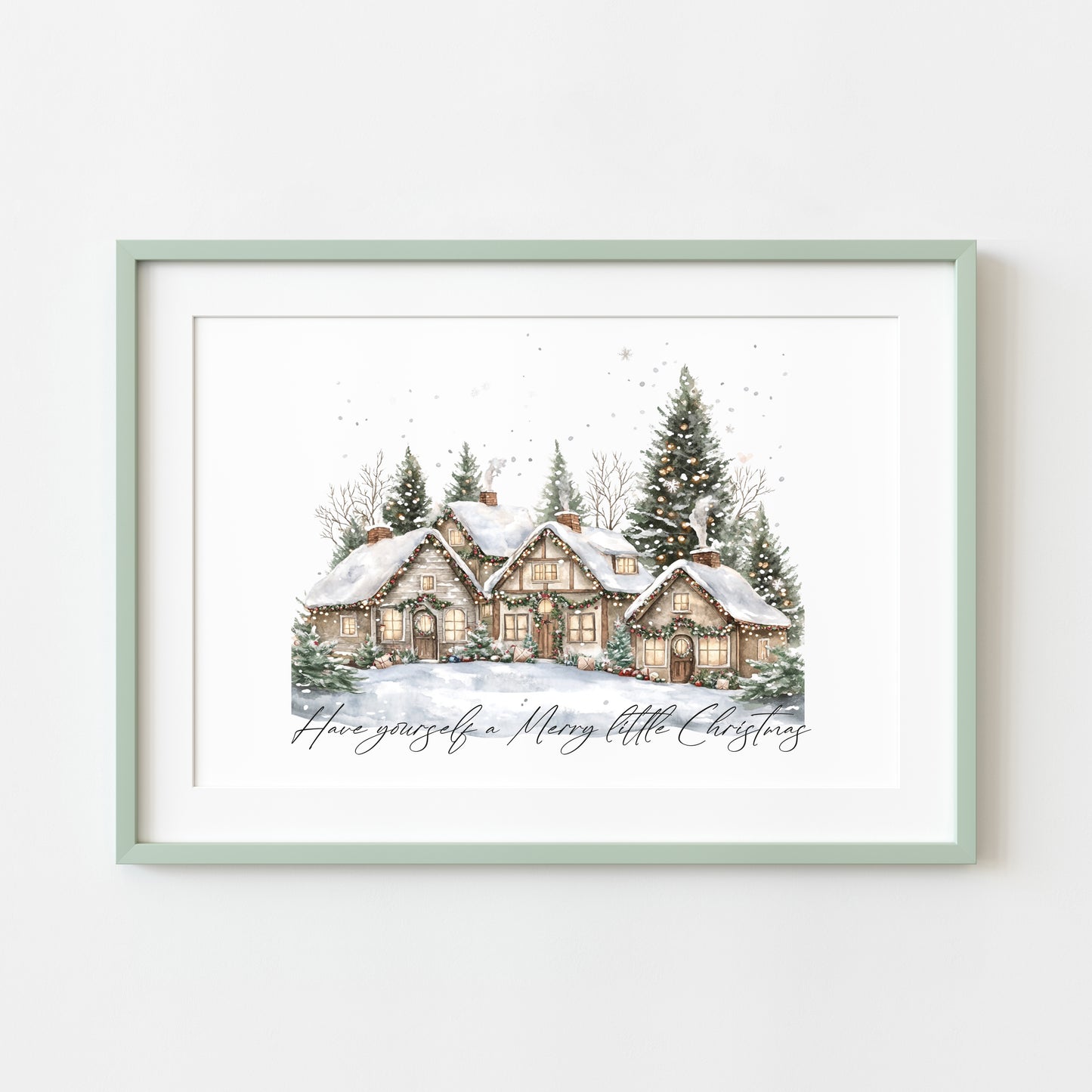 Christmas print, winter snowy village landscape Seasonal Wall Art (unframed)