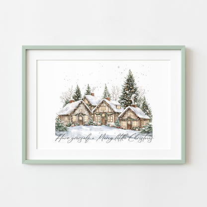Christmas print, winter snowy village landscape Seasonal Wall Art (unframed)