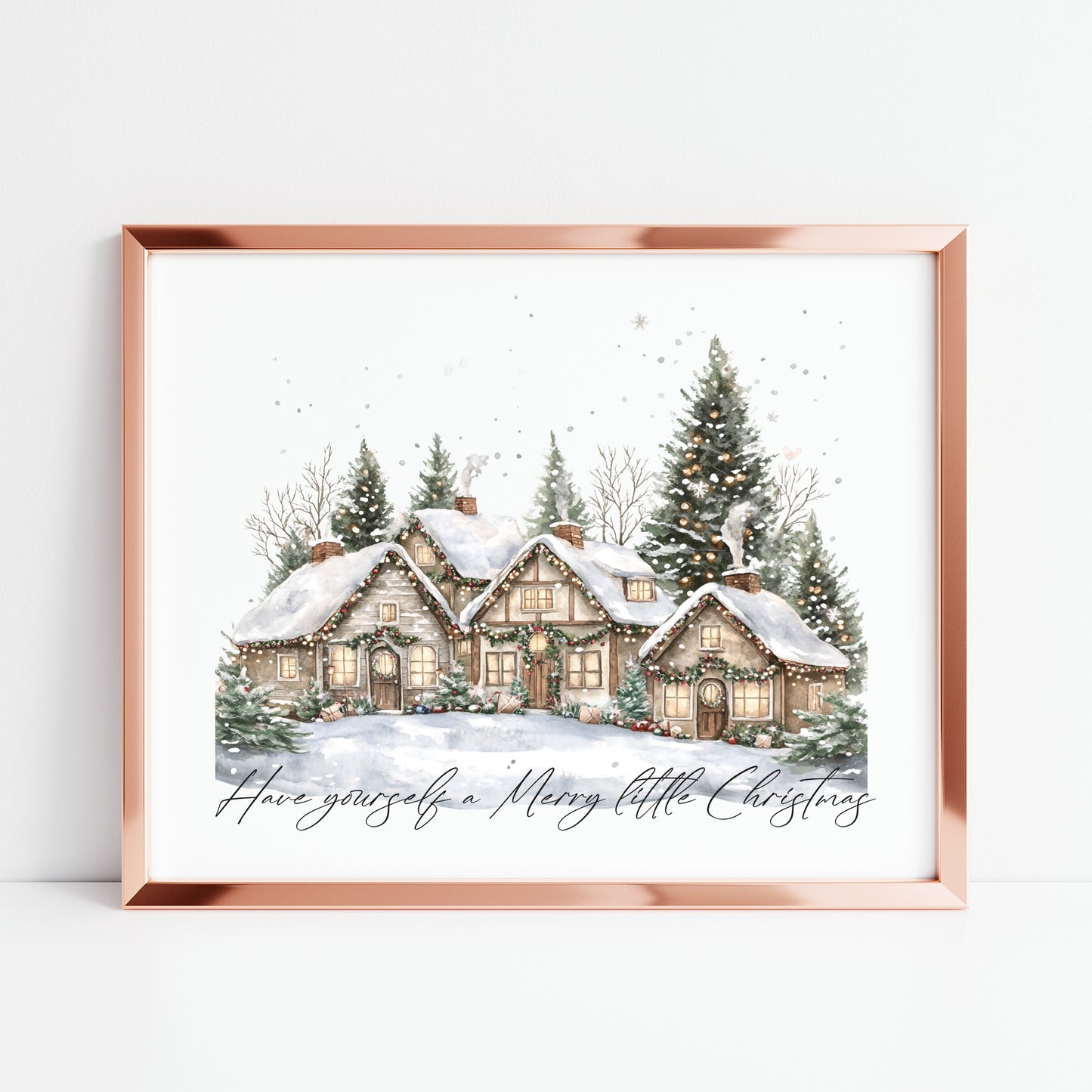 Christmas print, winter snowy village landscape Seasonal Wall Art (unframed)