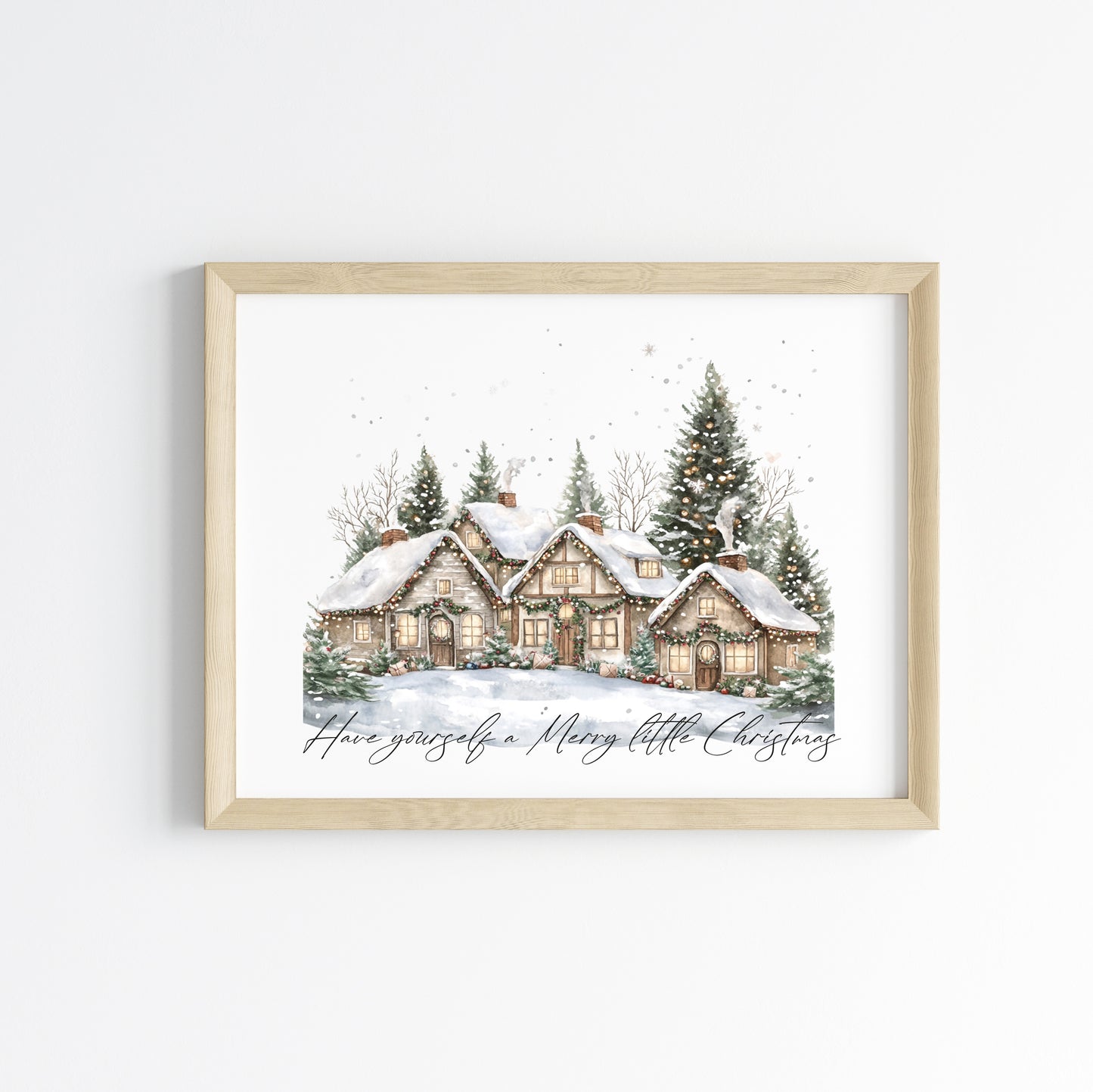 Christmas print, winter snowy village landscape Seasonal Wall Art (unframed)