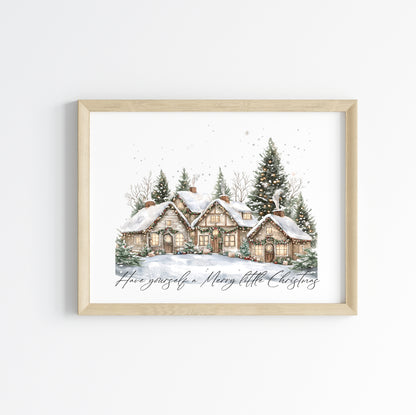 Christmas print, winter snowy village landscape Seasonal Wall Art (unframed)