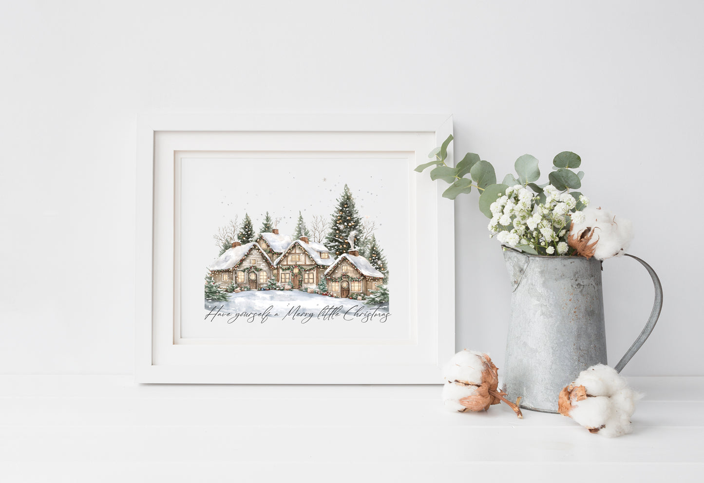 Christmas print, winter snowy village landscape Seasonal Wall Art (unframed)