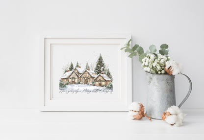 Christmas print, winter snowy village landscape Seasonal Wall Art (unframed)