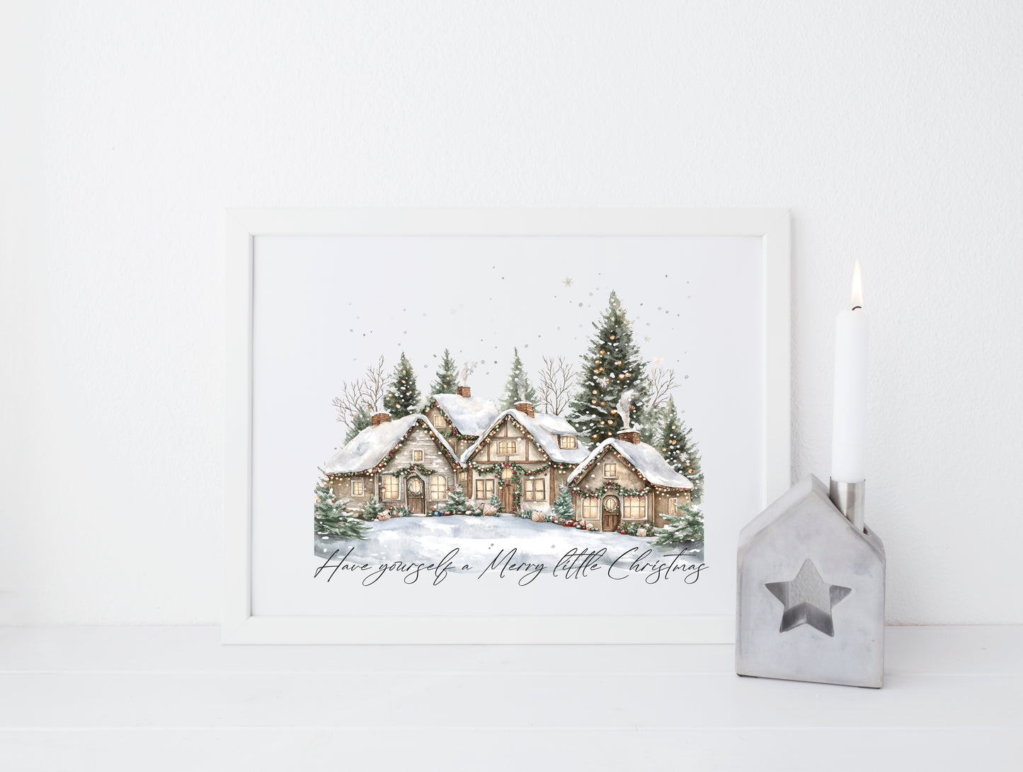 Christmas print, winter snowy village landscape Seasonal Wall Art (unframed)