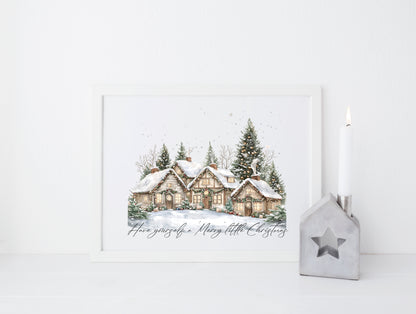 Christmas print, winter snowy village landscape Seasonal Wall Art (unframed)