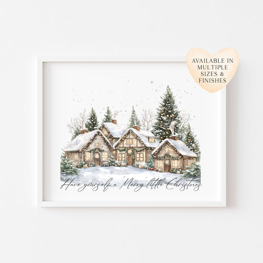 Christmas print, winter snowy village landscape Seasonal Wall Art (unframed)