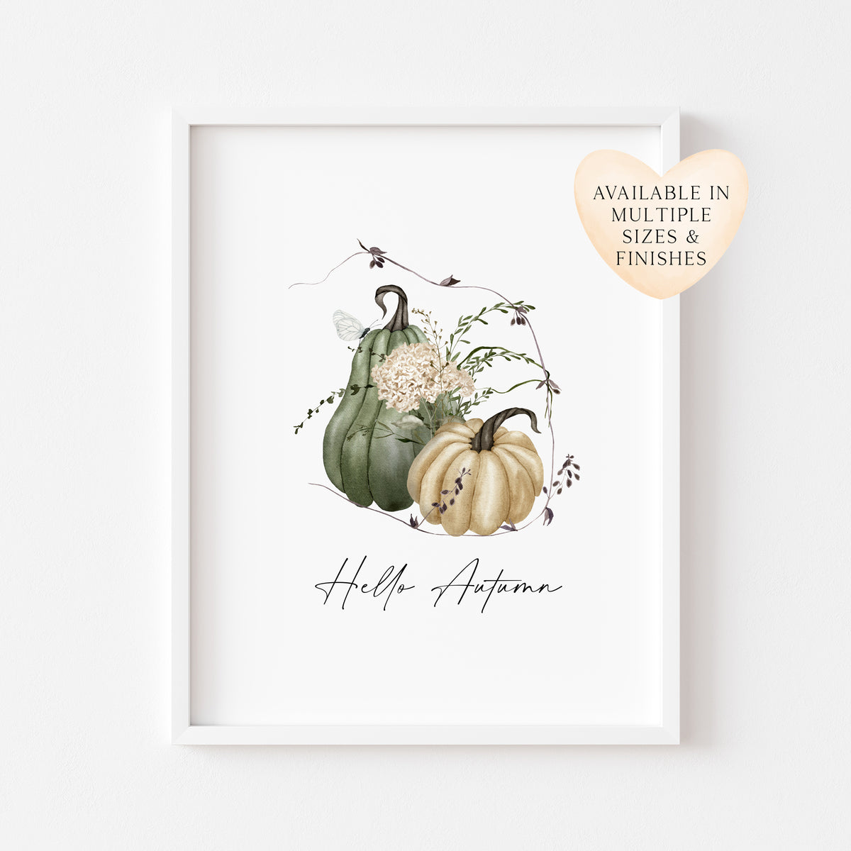 Hello Autumn seasonal watercolour fall green & cream pumpkin unframed wall art poster print