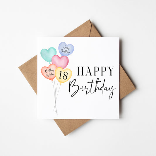 Birthday card heart balloons & number happy Birthday personalised with Envelope