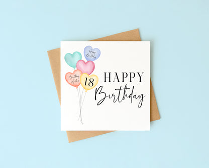 Birthday card heart balloons & number happy Birthday personalised with Envelope