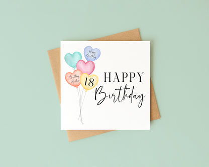 Birthday card heart balloons & number happy Birthday personalised with Envelope