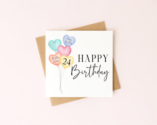 Birthday card heart balloons & number happy Birthday personalised with Envelope