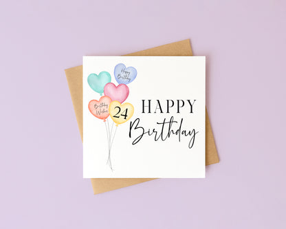 Birthday card heart balloons & number happy Birthday personalised with Envelope