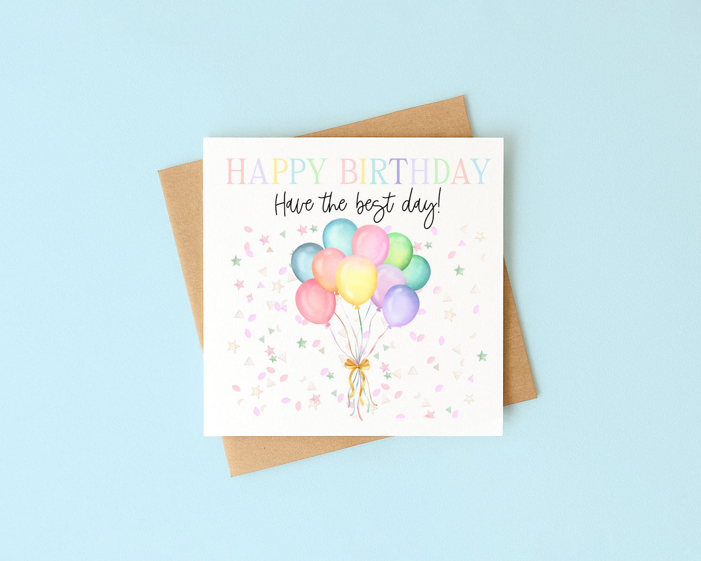 Birthday card balloons & confetti pastel bright happy Birthday with Envelope