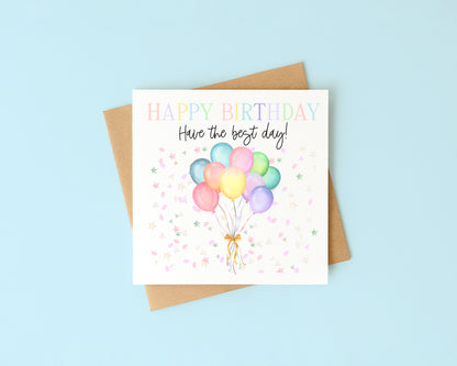 Birthday card balloons & confetti pastel bright happy Birthday with Envelope