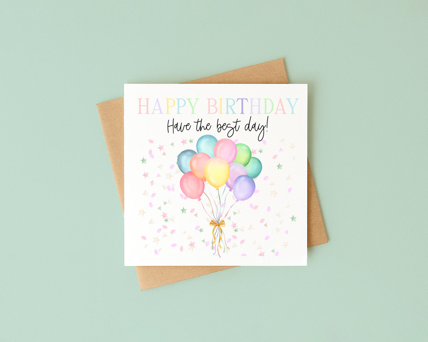 Birthday card balloons & confetti pastel bright happy Birthday with Envelope