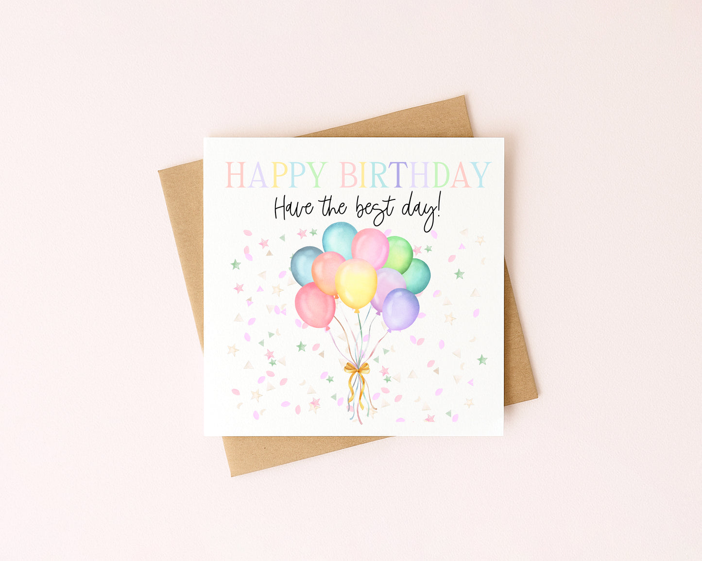 Birthday card balloons & confetti pastel bright happy Birthday with Envelope