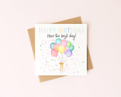 Birthday card balloons & confetti pastel bright happy Birthday with Envelope