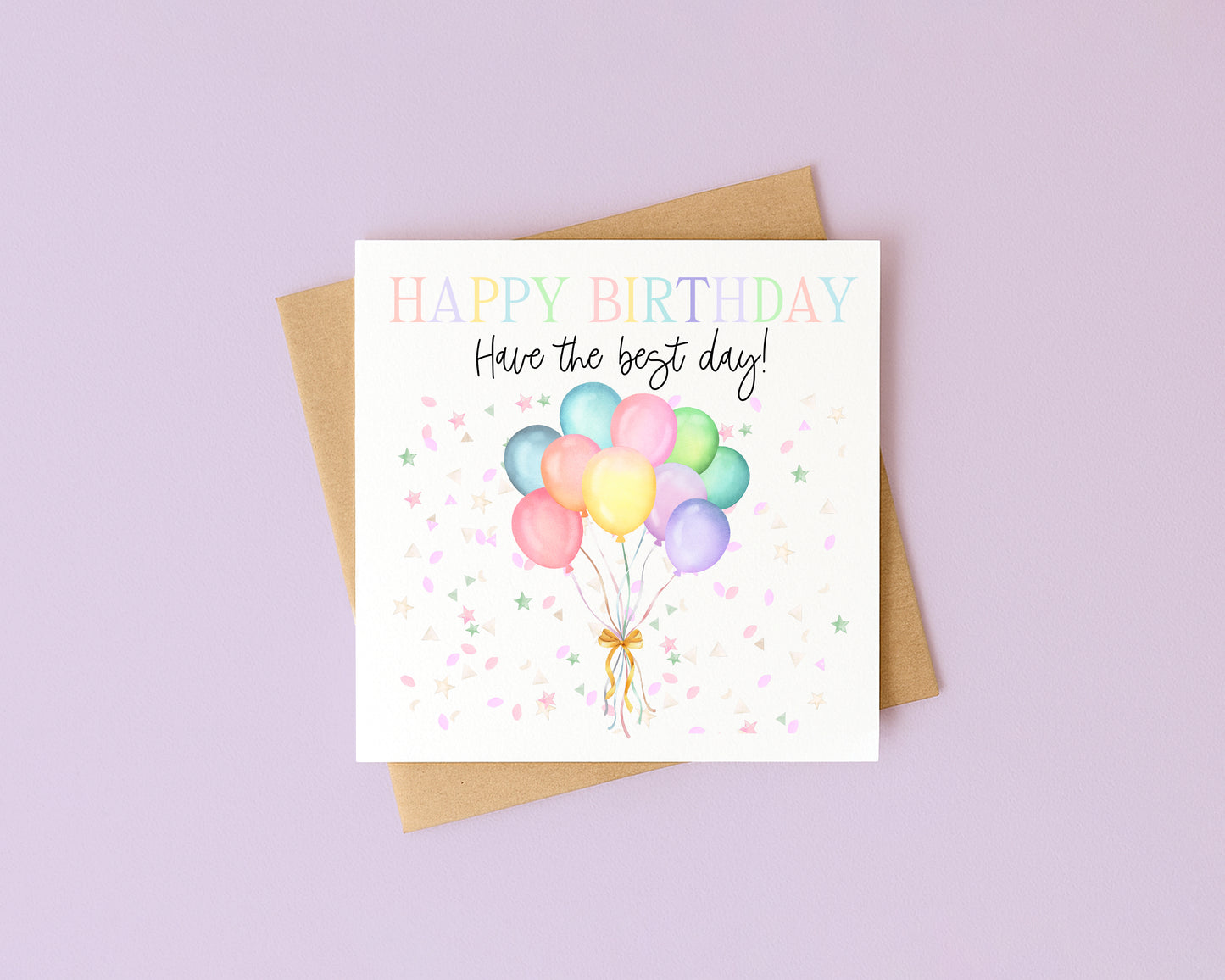 Birthday card balloons & confetti pastel bright happy Birthday with Envelope