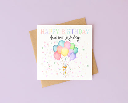 Birthday card balloons & confetti pastel bright happy Birthday with Envelope