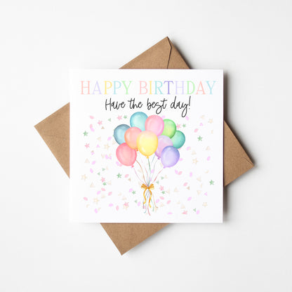 Birthday card balloons & confetti pastel bright happy Birthday with Envelope