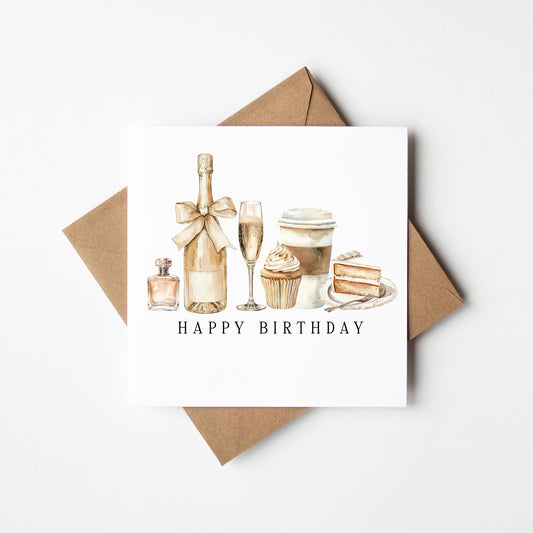 Birthday card, Elegant cream beige cake champagne drinks birthday perfume coffee pretty birthday card unique birthday card with envelope