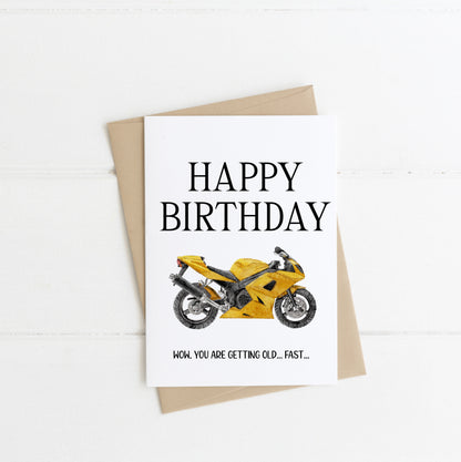 Happy birthday, wow you are getting old fast, funny yellow motorbike watercolour style card with envelope,kraft brown or white