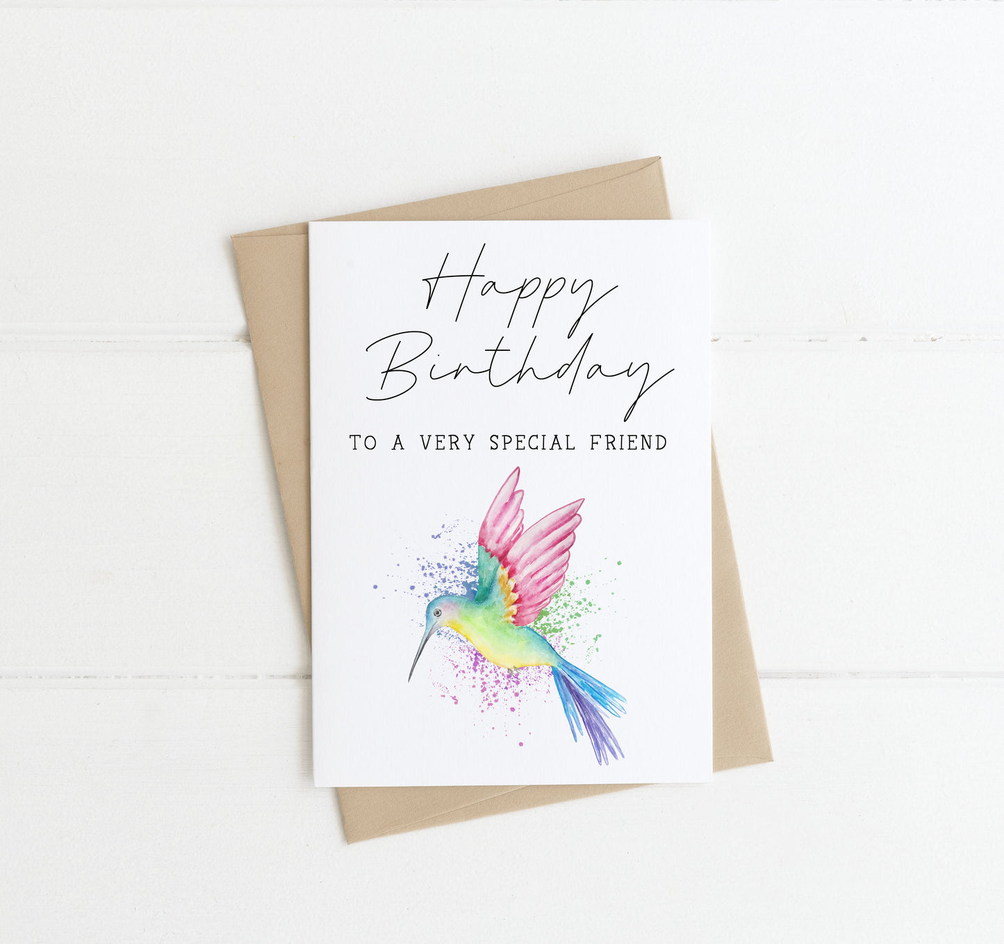 Birthday card happy birthday to a very special friend watercolour bright multicoloured humming bird  card with envelope,kraft brown or white