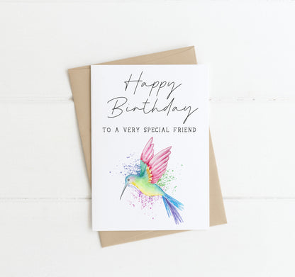 Birthday card happy birthday to a very special friend watercolour bright multicoloured humming bird  card with envelope,kraft brown or white