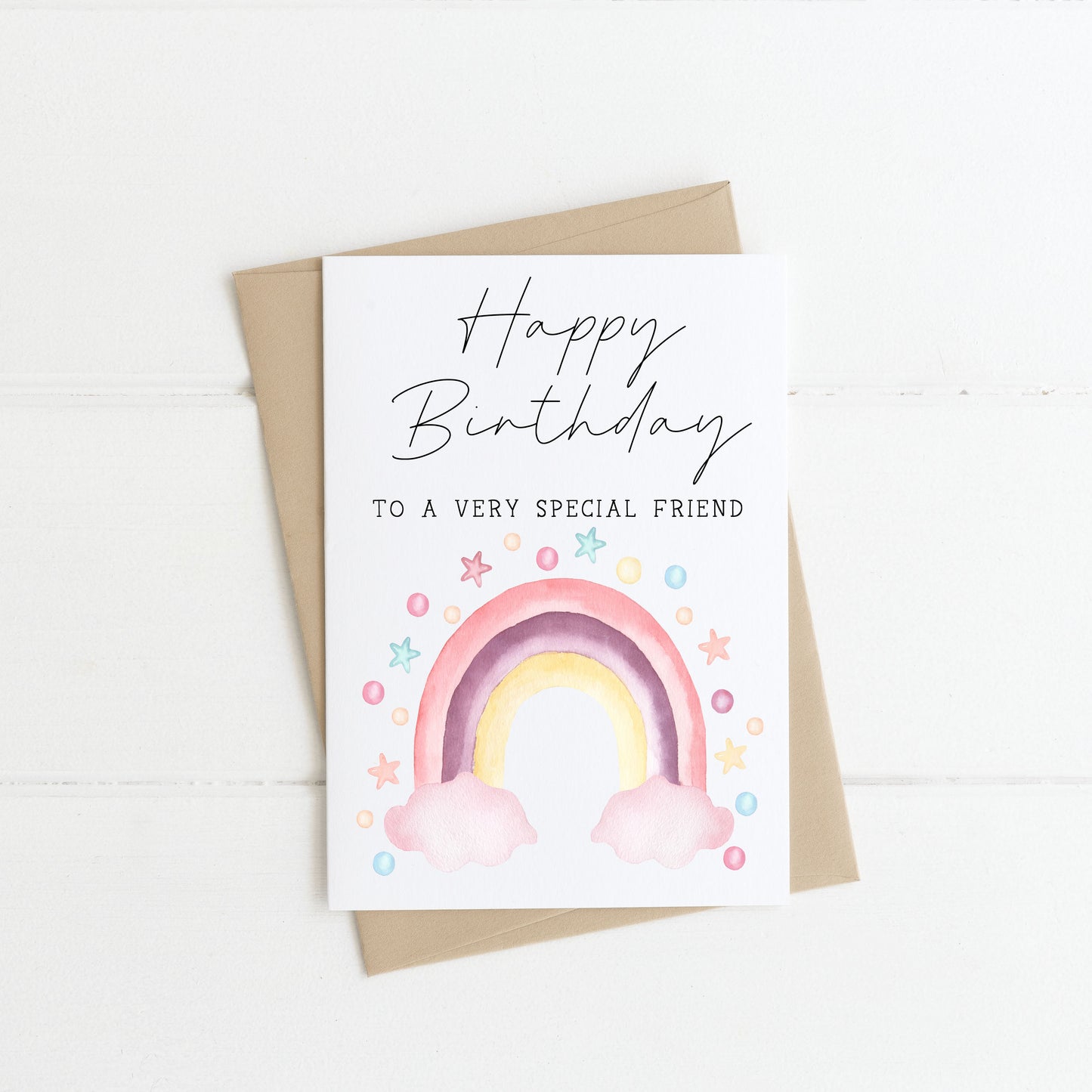 Birthday card Happy Birthday to a very special friend watercolour rainbow & stars pink blue pretty card with envelope,kraft brown or white