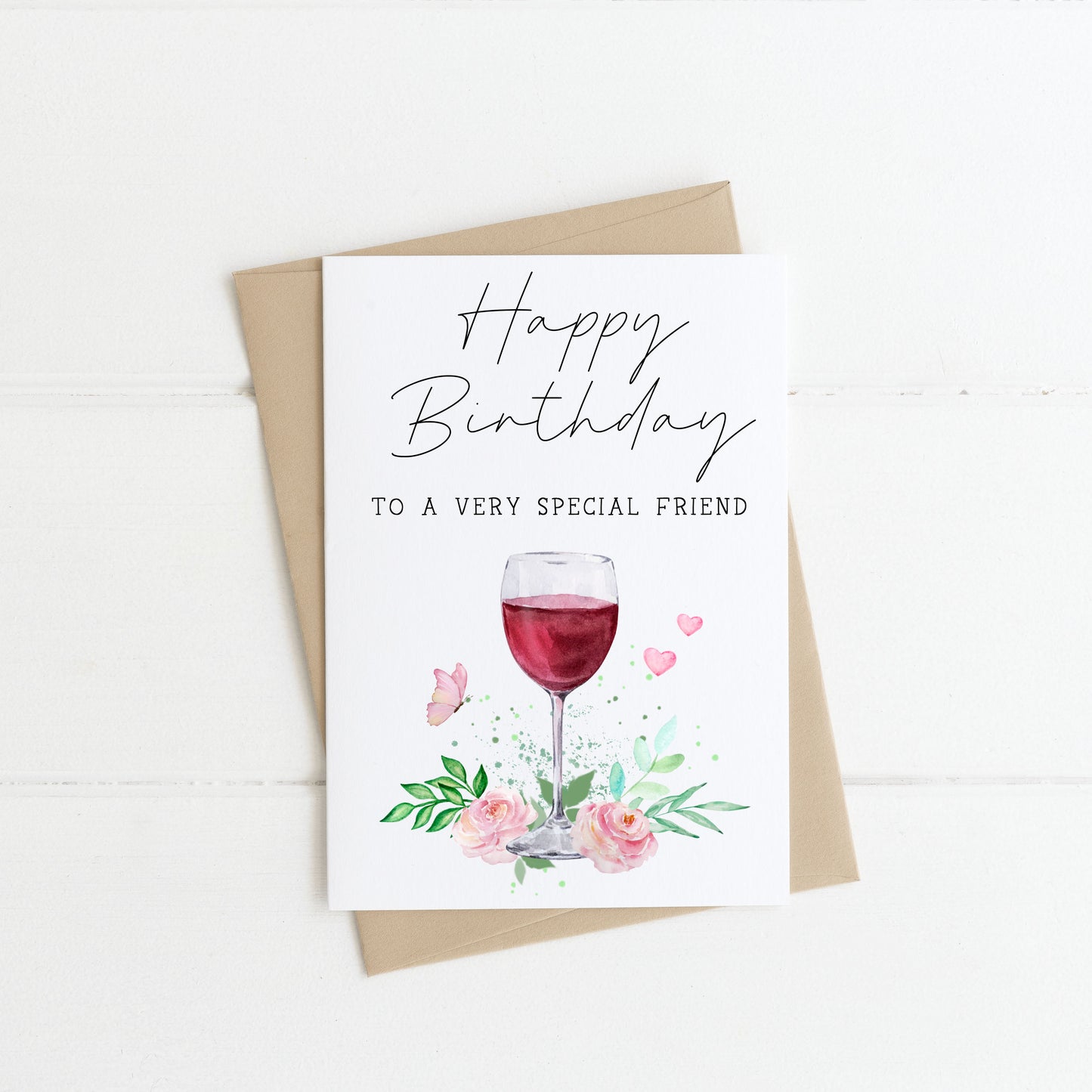 Birthday card happy birthday to a very special friend red wine floral heart & butterfly watercolour card with envelope,kraft brown or white