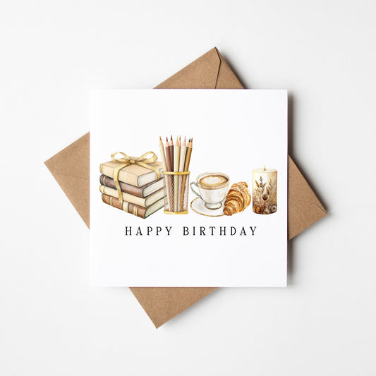 Birthday card, Cosy planner girl jumpers candles coffee croissants stationery birthday card unique birthday card with envelope