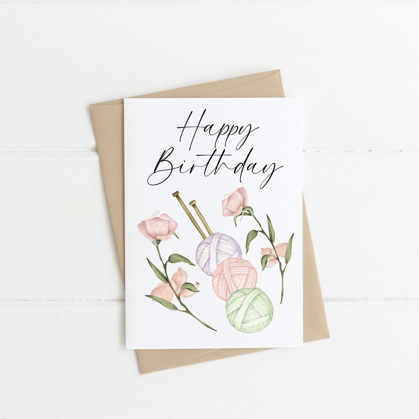 Crochet Knit Lover Birthday Card Watercolour pastel wool cotton Floral Wreath with envelope