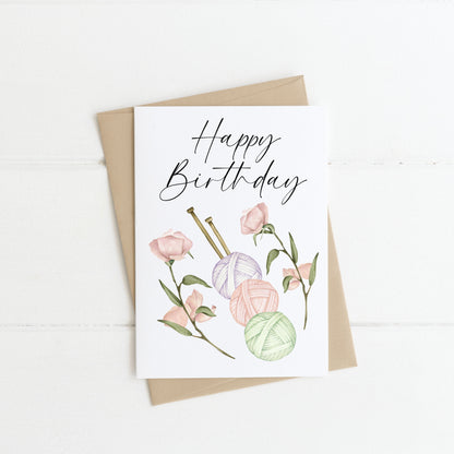 Crochet Knit Lover Birthday Card Watercolour pastel wool cotton Floral Wreath with envelope