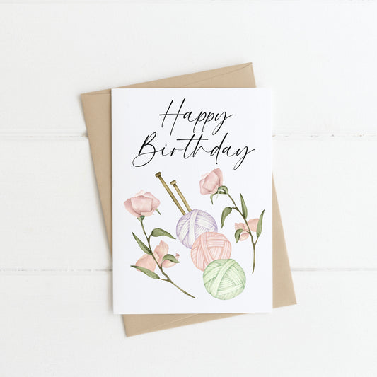 Crochet Knit Lover Birthday Card Watercolour pastel wool cotton Floral Wreath with envelope