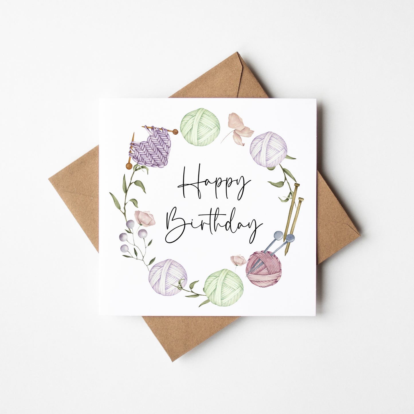 Birthday card Crochet sewing knitting lover cosy knit watercolour purple green floral wreath pretty unique birthday card with envelope
