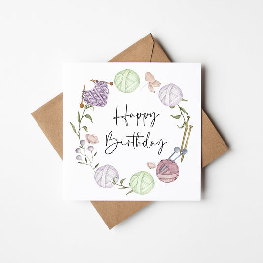 Birthday card Crochet sewing knitting lover cosy knit watercolour purple green floral wreath pretty unique birthday card with envelope