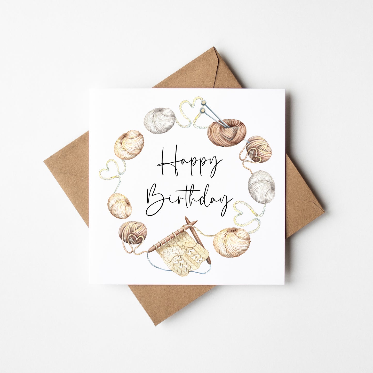 Birthday card Crochet sewing knitting lover cosy knit watercolour beige white craft wreath pretty unique birthday card with envelope