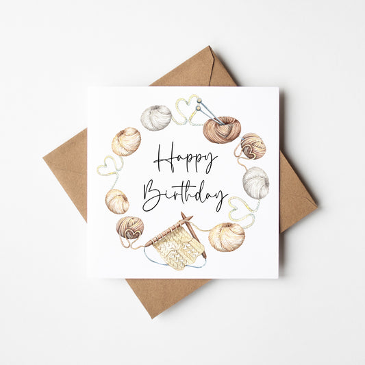 Birthday card Crochet sewing knitting lover cosy knit watercolour beige white craft wreath pretty unique birthday card with envelope