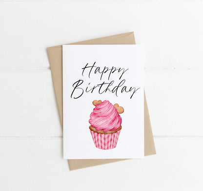 Happy birthday card, cute pink hearts cupcake neutral birthday card, watercolour style illustration with envelope,kraft brown or white