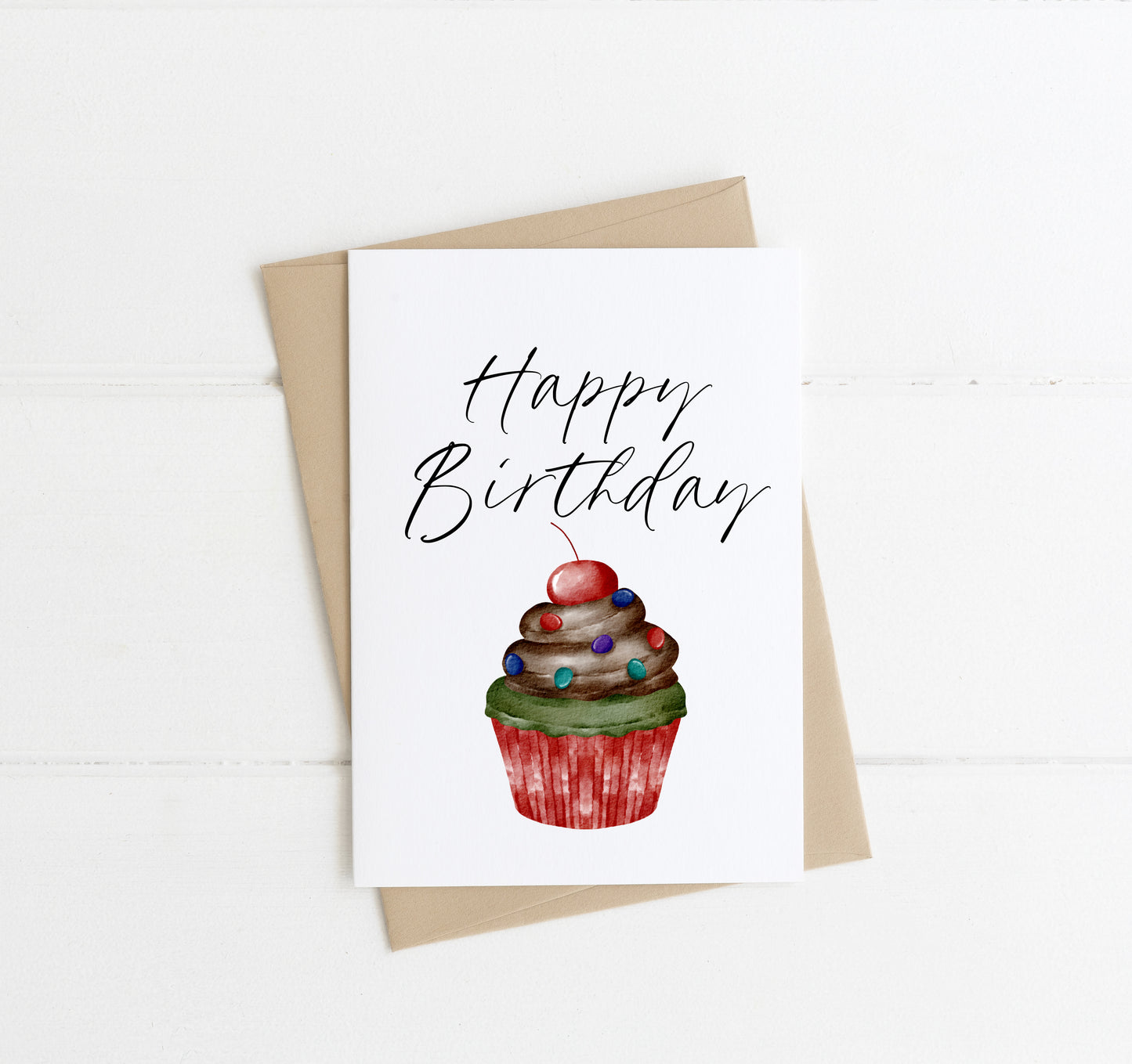 Happy birthday card, cute cherry topped cupcake neutral birthday card, watercolour style illustration with envelope,kraft brown or white