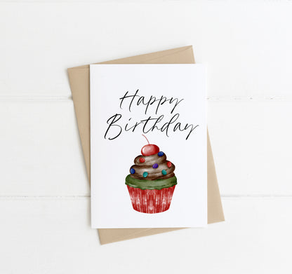 Happy birthday card, cute cherry topped cupcake neutral birthday card, watercolour style illustration with envelope,kraft brown or white