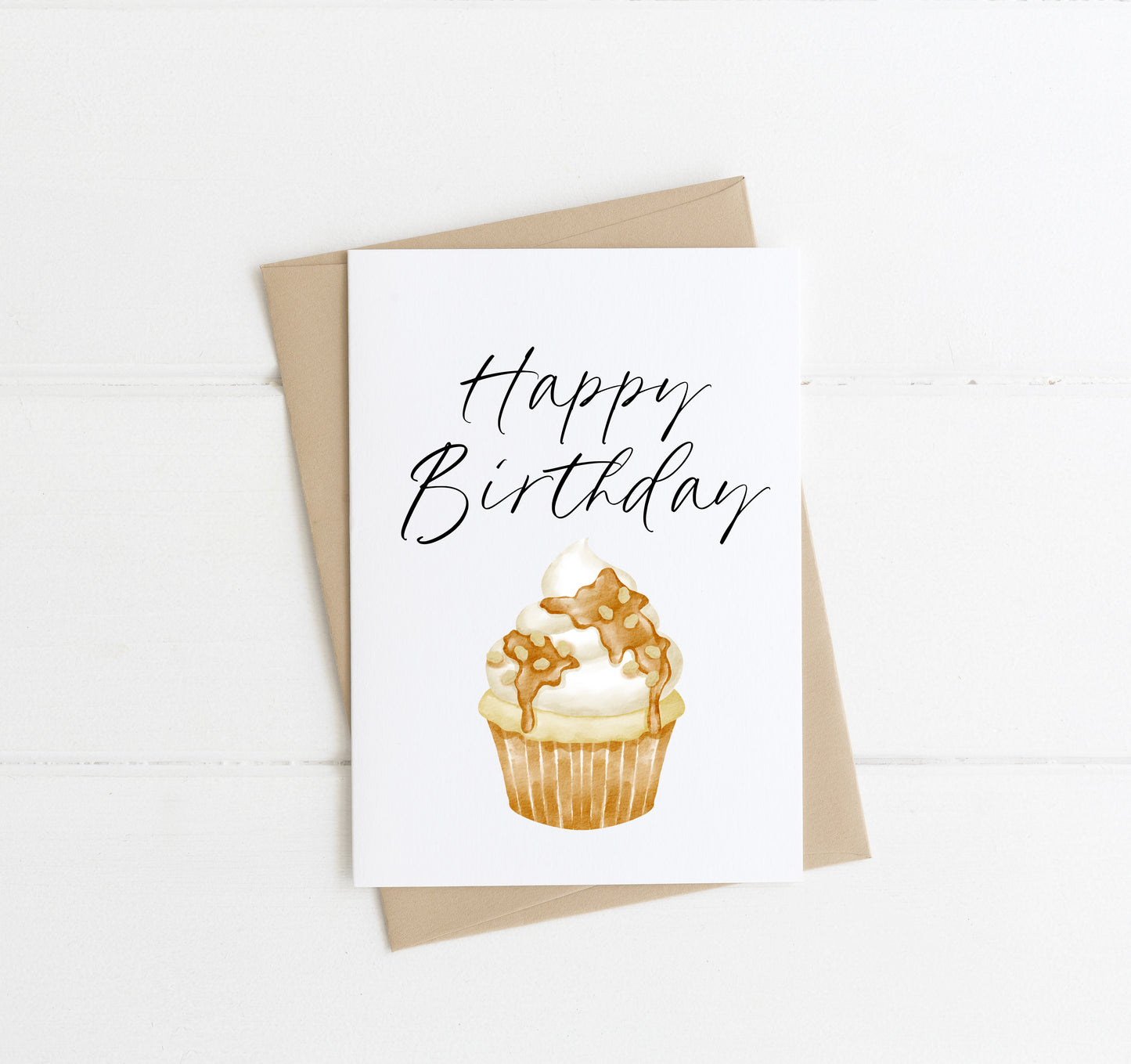 Happy birthday card, cute caramel vanilla cupcake neutral birthday card, watercolour style illustration with envelope,kraft brown or white