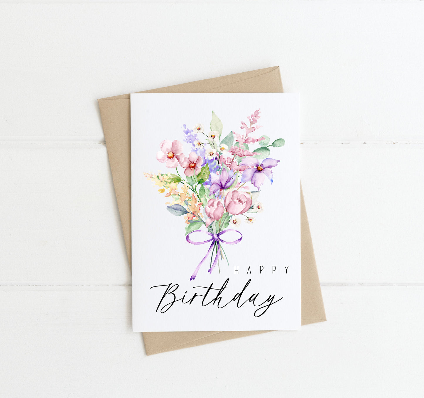 Happy Birthday purple bow pink wildflower seasonal watercolour floral bouquet pretty birthday card with envelope,kraft brown or white